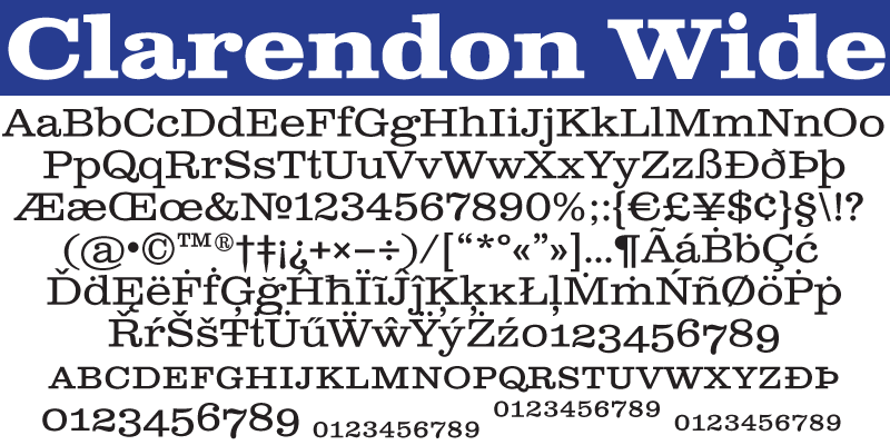 Card displaying Clarendon Wide typeface in various styles
