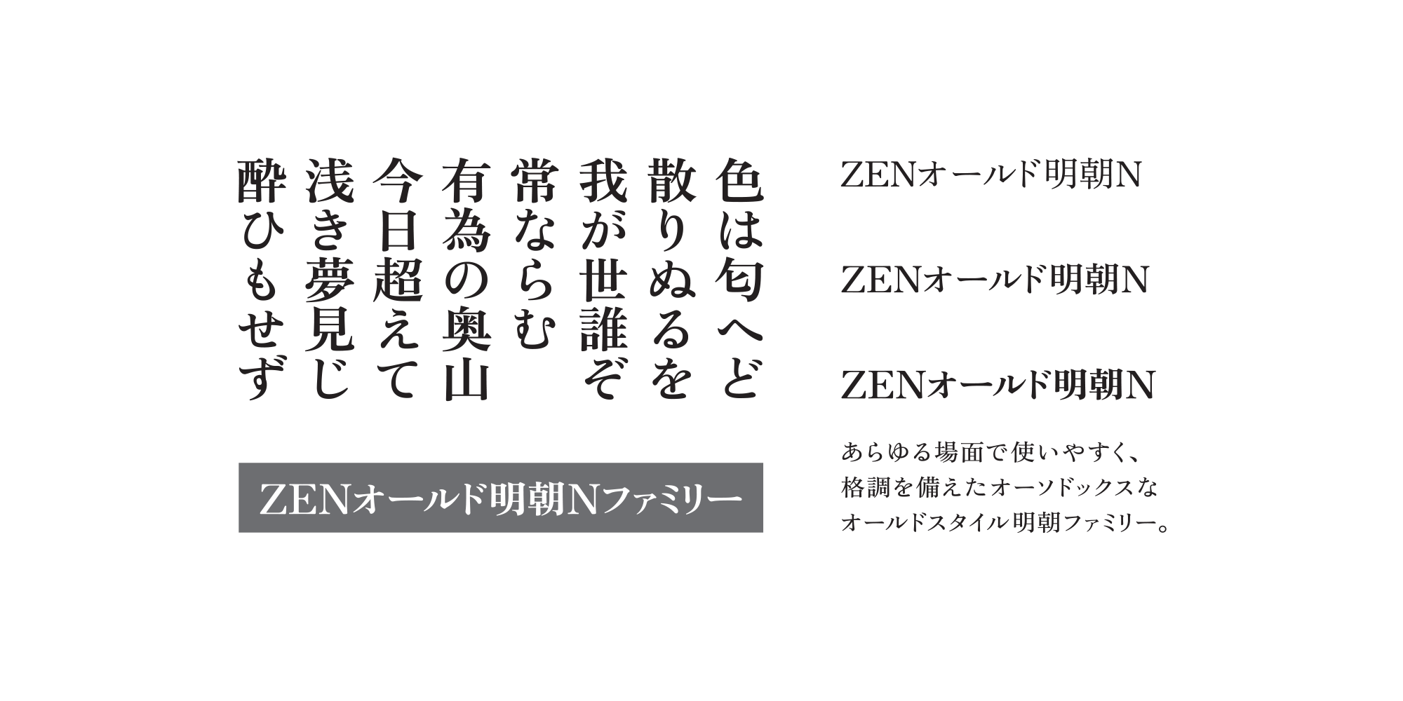 Card displaying Zen Old Mincho typeface in various styles