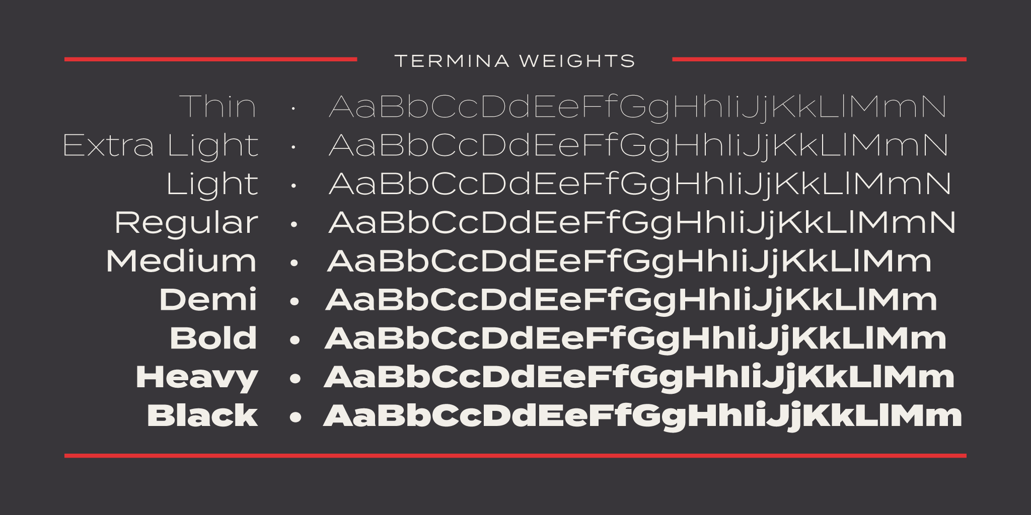 Card displaying Termina typeface in various styles