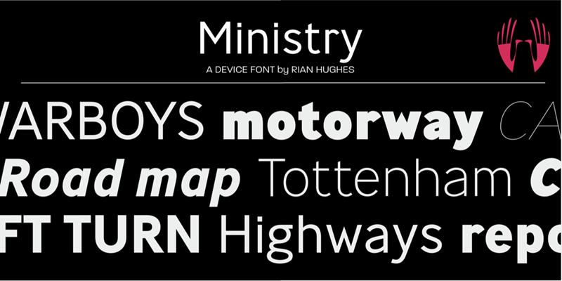 Card displaying Ministry typeface in various styles