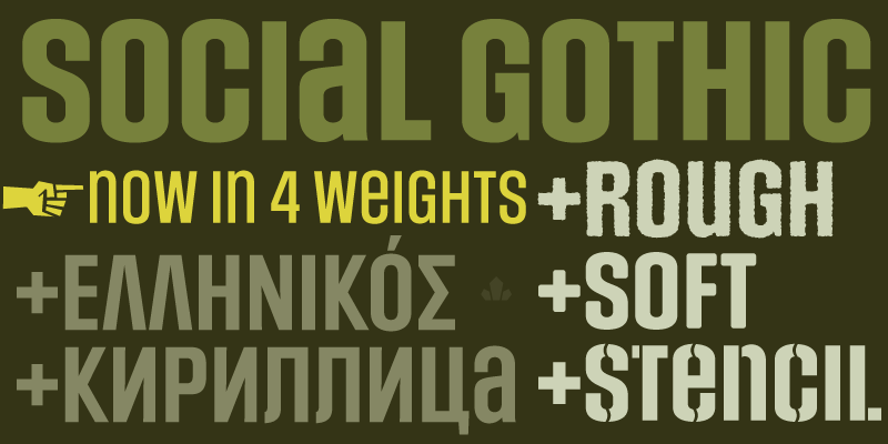 Card displaying Social Gothic typeface in various styles