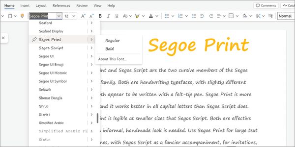 Card displaying Segoe Print typeface in various styles