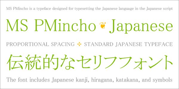 Card displaying MS PMincho typeface in various styles