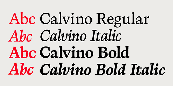 Card displaying Calvino typeface in various styles
