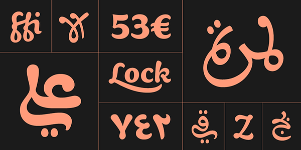 Card displaying Aisha Arabic typeface in various styles