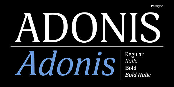 Card displaying Adonis typeface in various styles