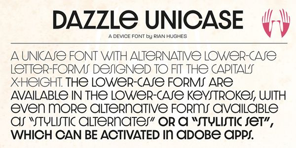 Card displaying Dazzle Unicase typeface in various styles