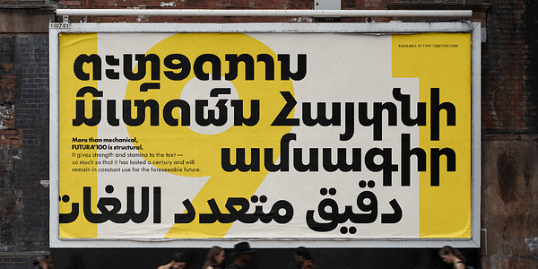 Card displaying Futura®100 Armenian typeface in various styles