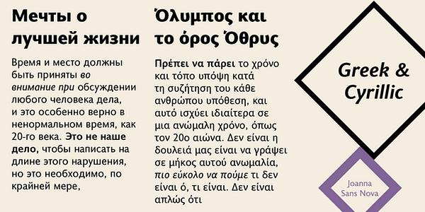 Card displaying Joanna Sans Nova typeface in various styles