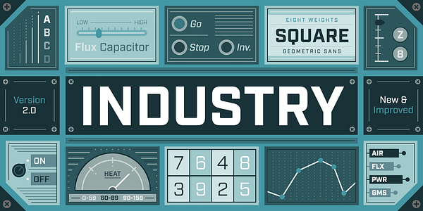 Card displaying Industry typeface in various styles