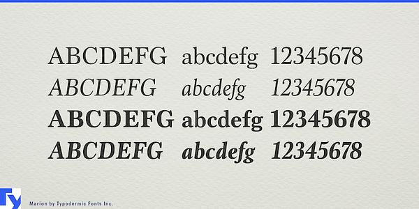 Card displaying Marion typeface in various styles