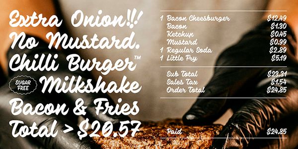 Card displaying PD Monolina Brush typeface in various styles