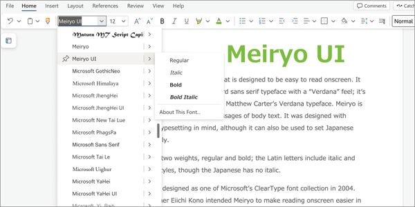 Card displaying Meiryo UI typeface in various styles