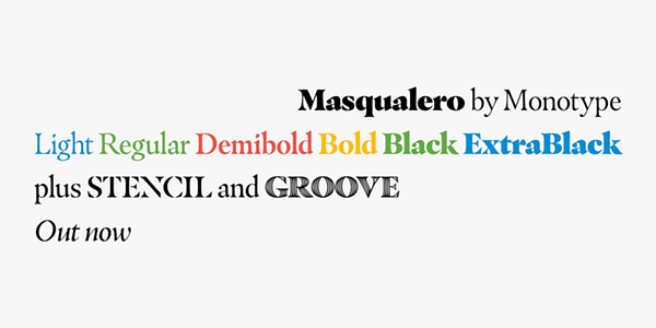 Card displaying Masqualero typeface in various styles