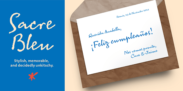 Card displaying MVB Sacre Bleu typeface in various styles