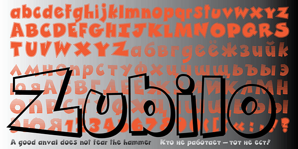 Card displaying Zubilo typeface in various styles