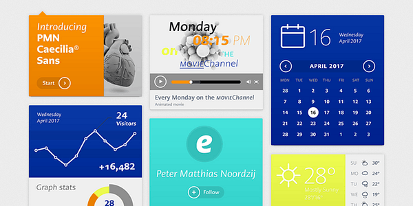 Card displaying PMN Caecilia Sans typeface in various styles