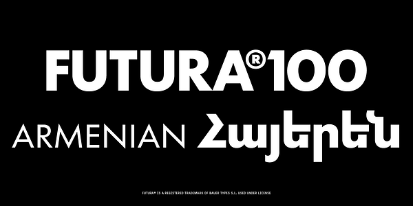 Card displaying Futura®100 Armenian typeface in various styles