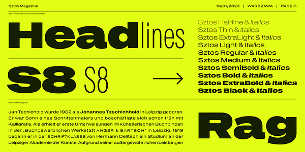 Card displaying Sztos Variable typeface in various styles