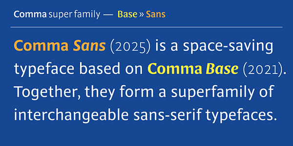 Card displaying Comma Sans typeface in various styles