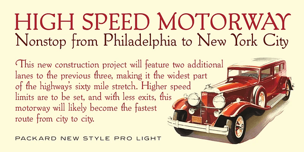 Card displaying Packard New Style typeface in various styles