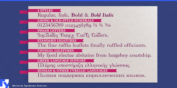 Card displaying Marion typeface in various styles