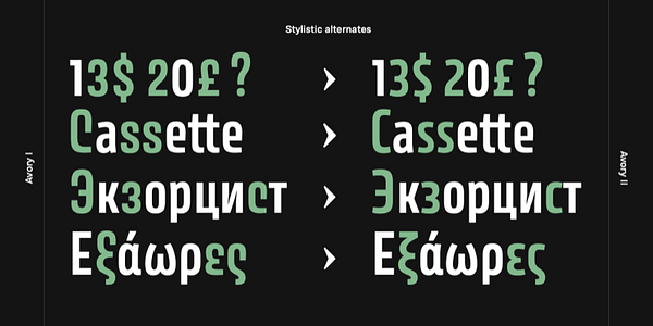 Card displaying Avory PE Variable typeface in various styles