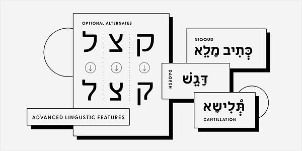Card displaying Greycliff Hebrew CF typeface in various styles