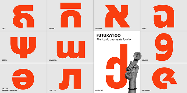 Card displaying Futura®100 Georgian typeface in various styles