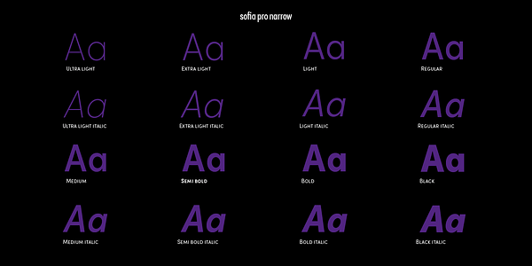 Card displaying Sofia Narrow typeface in various styles