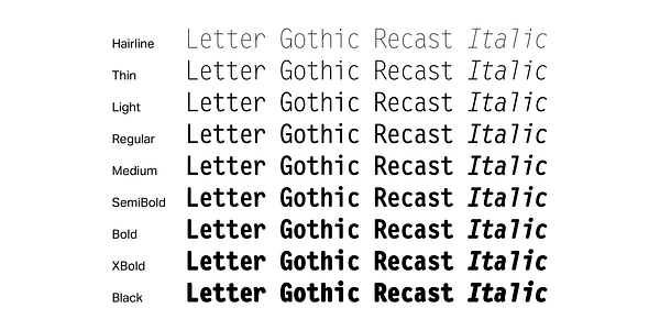 Card displaying Letter Gothic Recast typeface in various styles