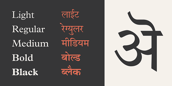 Card displaying Linotype Devanagari typeface in various styles
