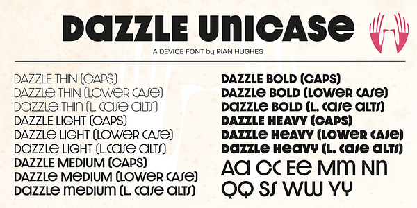 Card displaying Dazzle Unicase typeface in various styles