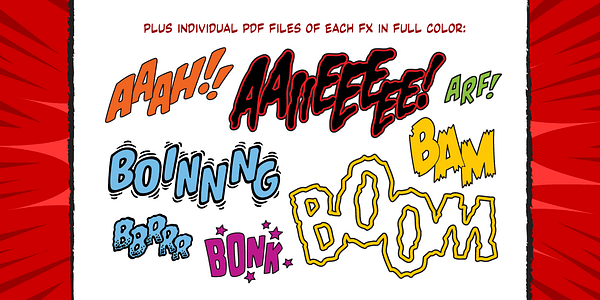 Card displaying CC Onomatopedia typeface in various styles