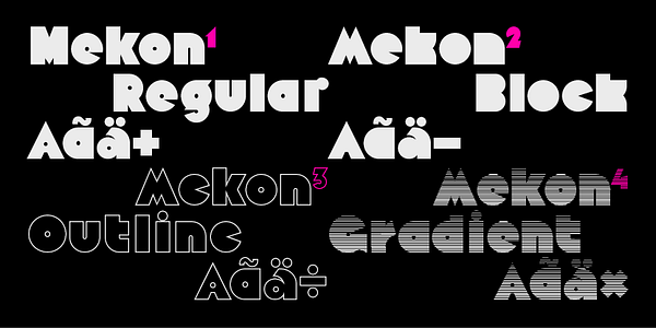 Card displaying Mekon typeface in various styles
