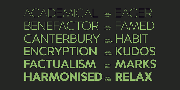 Card displaying Merel typeface in various styles