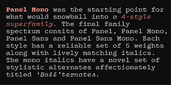 Card displaying Panel Mono typeface in various styles