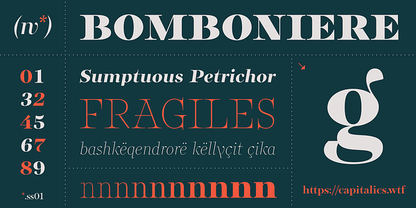 Card displaying Bomboniere typeface in various styles