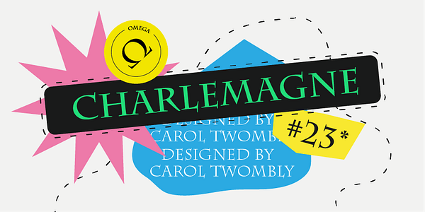 Card displaying Charlemagne typeface in various styles