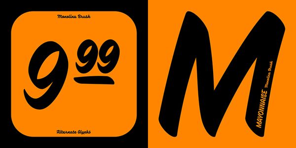 Card displaying PD Monolina Brush typeface in various styles