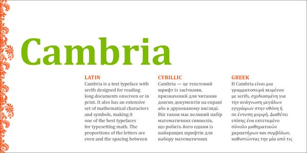 Card displaying Cambria typeface in various styles
