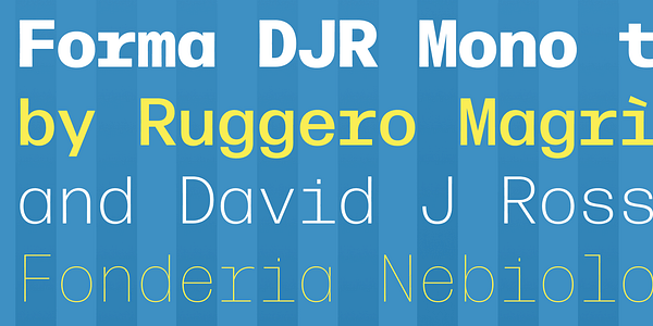 Card displaying Forma DJR Mono typeface in various styles