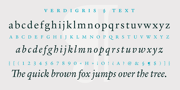 Card displaying MVB Verdigris Pro typeface in various styles