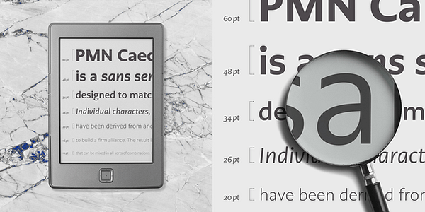 Card displaying PMN Caecilia Sans typeface in various styles