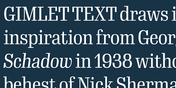 Card displaying Gimlet Text typeface in various styles
