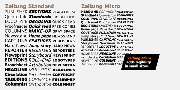 Card displaying Zeitung typeface in various styles