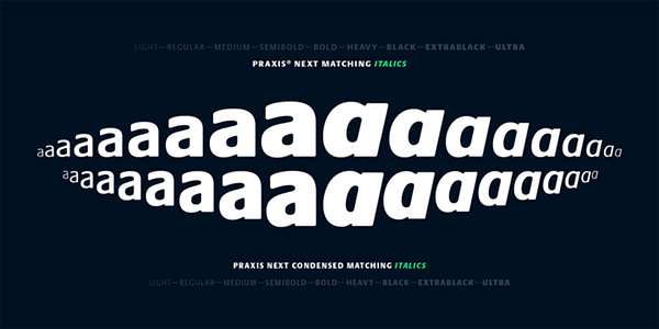 Card displaying Praxis Next typeface in various styles