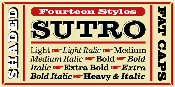 Card displaying Sutro typeface in various styles