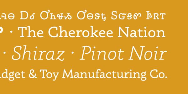 Card displaying Phoreus Cherokee typeface in various styles