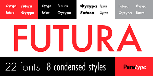 Card displaying Futura PT typeface in various styles
